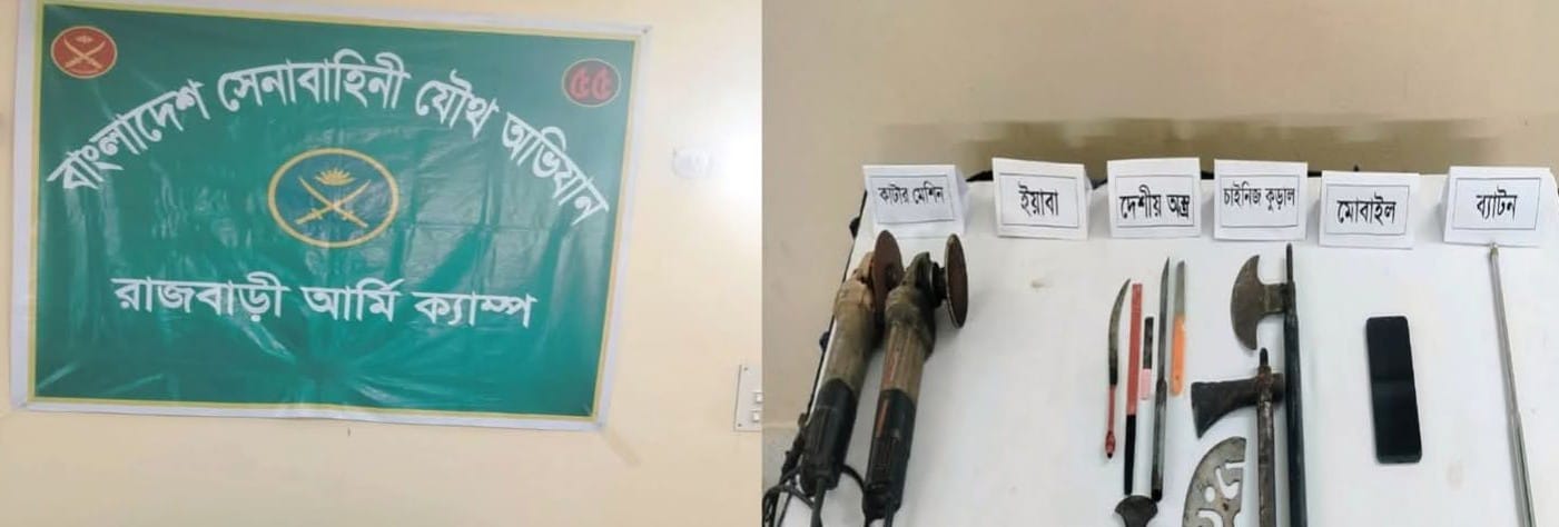 রাজবাড়ীর পাংশায় যৌথ বাহিনীর অভিযানে দেশীয় অস্ত্র ও মাদক উদ্ধার